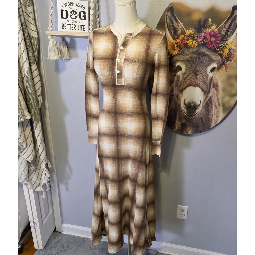 Polo Ralph Lauren Plaid Waffe Knit Henley Dress Size XS Country Cottage Western